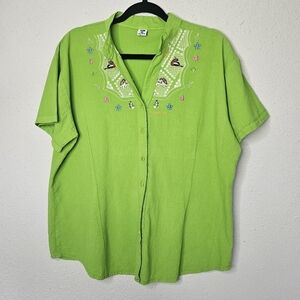 AYME Galapagos Lime Green Embroidered Turtle Blue Foot Boobie Bird Womens Button